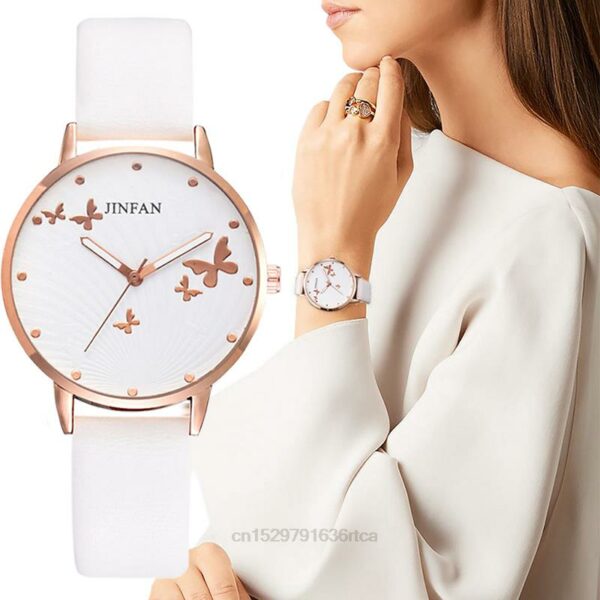 Reloj de cuero de cuarzo para mujer, diseño de esfera de mariposa Simple 1