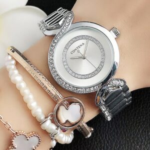 Nuevos relojes de pulsera para mujer, reloj de vestir a la moda, relojes de diamantes de cristal de acero inoxidable, reloj plateado para mujer 1