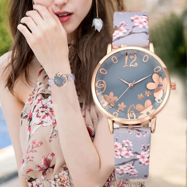 Reloj de lujo para mujer, pulsera de cuarzo con estampado de flores en relieve, con esfera de cinturón, para estudiantes 1