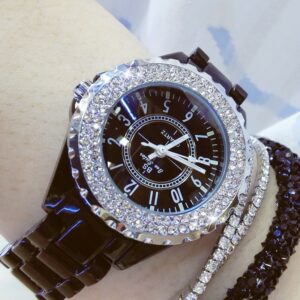 BS 2020-Reloj de pulsera de lujo para mujer, banda de cerámica blanca, de cuarzo, a la moda, con diamantes de imitación, relojes negros 1