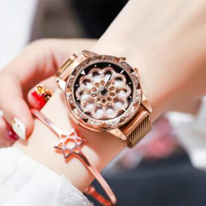 Reloj giratorio de cuarzo con flores para mujer