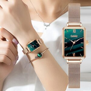 Reloj cuadrado de cuarzo para mujer, conjunto de pulsera, esfera verde